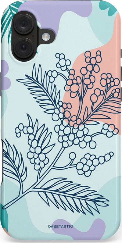 Casetastic hoesje geschikt voor Apple iPhone 16 Plus - MagSafe - Dubbellaagse bescherming - Aquarel Bladeren - Fashion Case - Lichtgrijs Turquoise Perzik Lila