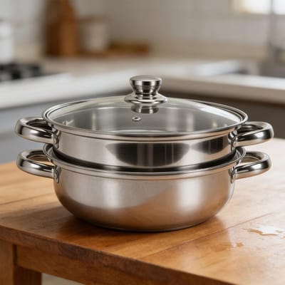 Casserole à Vapeur 2 Niveaux Polyvalente en Acier Inoxydable avec Poignée sur le Couvercle pour Légumes, Raviolis, Aliments