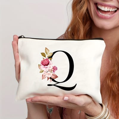 Gepersonaliseerde make-up tasjes van A tot Z - Verjaardagscadeaus - Unieke cadeaus voor bruiden en bruidsmeisjes, met bloemenmotieven, geschikt als bedankjes en voor het organiseren van cosmetica,De letter Q