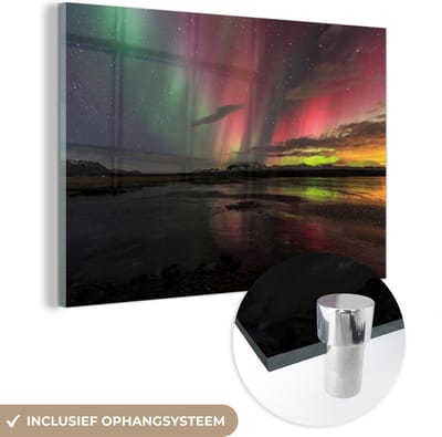 MuchoWow® Glasschilderij 60x40 cm - Schilderij acrylglas - Noorderlicht - IJsland - Kleuren - Foto op glas - Schilderijen