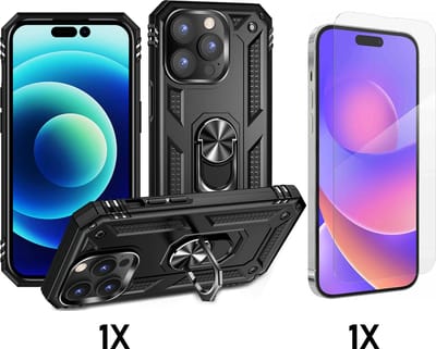 Casemania Hoesje Geschikt voor Apple iPhone 14 Pro Max - Zwart / Glazen Screenprotector - Anti-Shock Hybrid Armor Back Cover - Hoes met Kickstand Ring