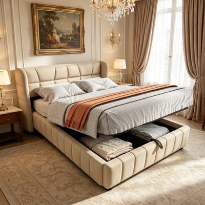 Bedframe - Gestoffeerd Opbergbed 140x200 Met Hydraulisch Systeem Beige