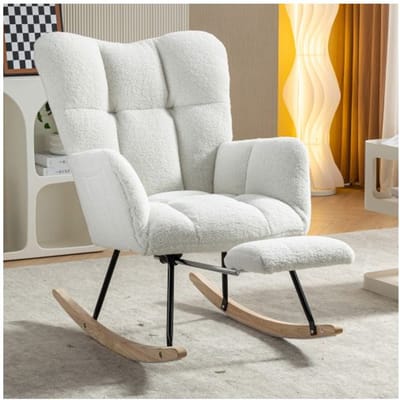 Fauteuil à bascule - MUVOE - Rembourré tissu Teddy - Blanc - Repose-pieds rangement - Balancelles bois & cadre métal blanc