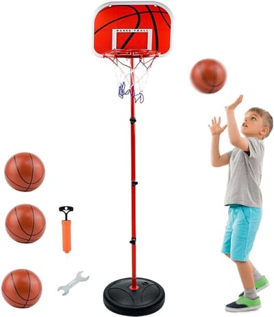 TIM® Basketbalpaal - Basketbalpaal Voor Binnen en Buiten – Basketbalring Met Standaard – Basket – Verstelbare Basketbal Paal Voor Kinderen - Met 3x basketbal En Ballenpomp - Rood - 28cm x 28cm x 150cm