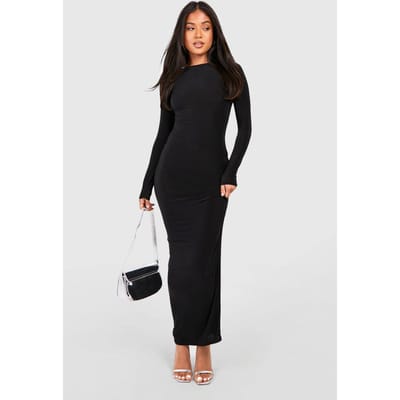 boohoo Dames Petite Slinky Scoop Neck Maxi Jurk met Lange Mouwen | Zwart | Maat: 38