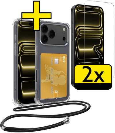 Hoesje Geschikt voor iPhone 17 Pro Telefoonhoesje Met Koord Case Pashouder Met 2x Screenprotector Siliconen - Hoes Geschikt voor iPhone 17 Pro Hoesje Met Kaarthouder - Transparant
