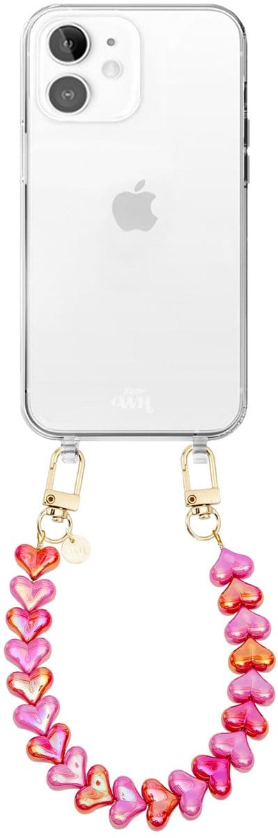 xoxo Wildhearts siliconen hoesje - Geschikt voor iPhone 12 hoesje - Funky Hearts (Pink & Red Metallic) - Telefoonhoesje - Hoesje met koord - Roze en Rood koord - kort telefoonkoord - Hartjes ketting - Transparant hoesje