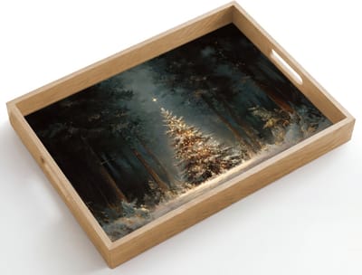 Dienblad hout 50x35 cm - Schootdienblad - Kerstboom - Bos - Sneeuw - meerkleurig - Borrelplank rechthoek - Plateau dienbladen