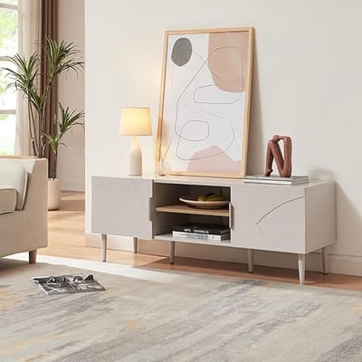 TV Meubel Modern 120 cm met Open Vakken en Kabeldoorvoer – Beige Lowboard met Stabiele Poten – House&Garden