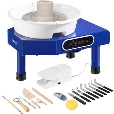 VEVOR pottenbakkerswiel 25 cm, keramische draaischijf, 60-300 RPM, met voetpedaal, verwijderbare ABS-kom, LCD-bedieningspaneel, modelleergereedschap en schort voor doe-het-zelfprojecten.