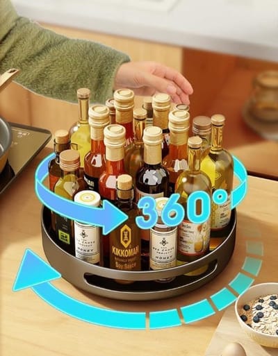 Famanu - Draaitafel Kast Organizer, Keukenorganizer 360°Lazy Susan Turntable 25cm Multifunctioneel Kruidenrek, Antislip Opslagrekken voor Keuken Opslag en Organisatie, Draaiende Kruidenhouder (Zwart)