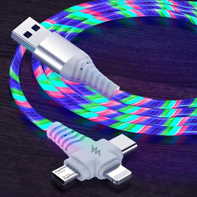 VAORLO 3 In 1 Gloeiende Oplaadkabel 2.1A Snelle Oplaadstroom Lichtgevende Verlichting Usb-kabel voor Samsung iphone XiaoMi HuaWei wit