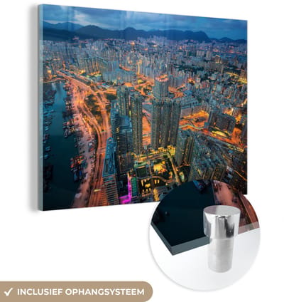 ® Glasschilderij 160x120 cm - Schilderij acrylglas - Avond skyline van Kobe in Japan - Foto op glas - Muurdecoratie woonkamer - Wanddecoratie slaapkamer - Schilderijen