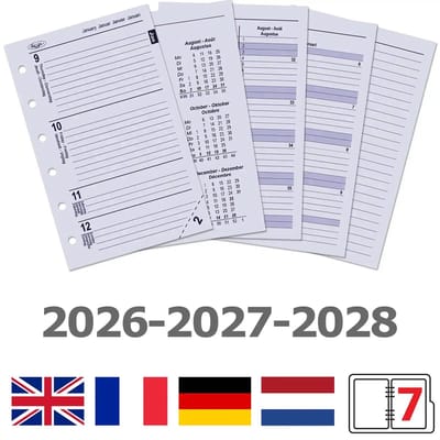 Kalpa 6236-26-27-28 125 x 80 mm Pocket Agenda Organizer Inzetstukken 1 Week per 2 Paginas EN DE FR 2026 2027 2028