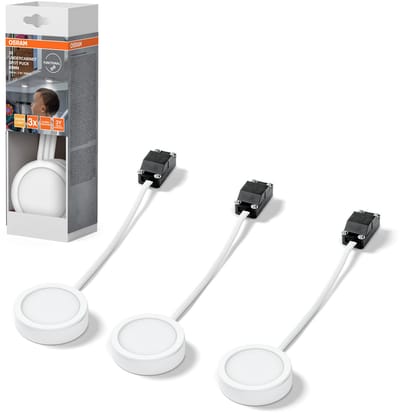 OSRAM onderbouwspot rond 65mm 3 x 3W, 830 warm wit, LED-spot in wit van aluminium, IP20-bescherming, voor keukens en woonkamers