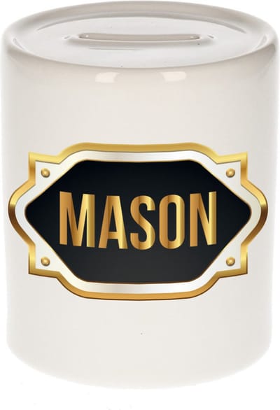 Spaarpot met voornaam Mason - wit - met goud/zwart embleem - 8 x 9 cm - keramiek - met afsluitdop - cadeau verjaardag