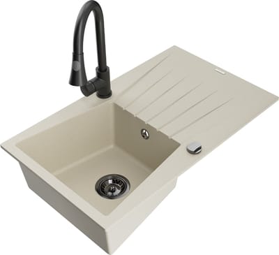 Mexen Cesar granieten spoelbak met 1 bak met afdruiprek en Elia keukenkraan, beige - 6514-69-670101-70