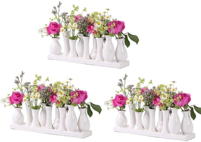Set van 3 keramische vazen, witte mini-vazen, elk 10 stuks (31 x 7 x 11 cm), Scandinavisch handwerk, moderne tafel- en woningdecoratie voor bloemen en cadeau-ideeën