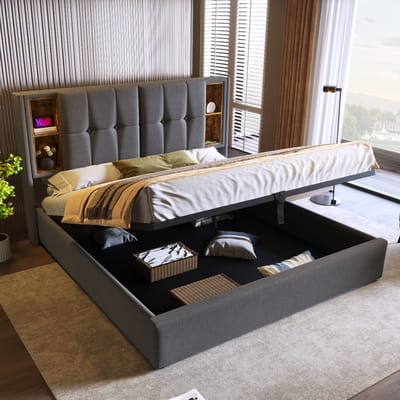 DESMIU Gestoffeerd Bed 160x200 cm – Draadloos Laden En Usb C – Opklapbaar Met Grote Opbergruimte – Voor Tweepersoons Slaapkamer – Katoen – Grijs – Zonder Matras