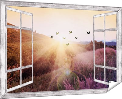 Gards Tuinposter Doorkijk Silhouet Zwerm Vogels bij Zonsondergang - 180x120 cm - Tuindoek - Tuindecoratie - Wanddecoratie buiten - Tuinschilderij