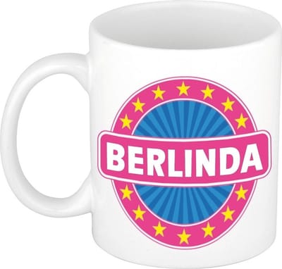 Bellatio Decorations - Berlinda voornaam - koffiemok - beker - wit/roze - 300 ml - Cadeau - Dames - Collega - Moederdag - Verjaardag