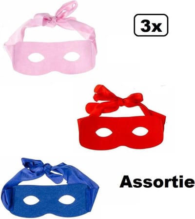3x Oogmasker Superheld met band assortie kleur - Kids verjaardag thema feest fun bandiet boef superhero