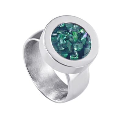 Quiges RVS Schroefsysteem Ring Zilverkleurig Glans 16mm met Verwisselbare Donkerblauwe Vlokjes Schelp 12mm Mini Munt