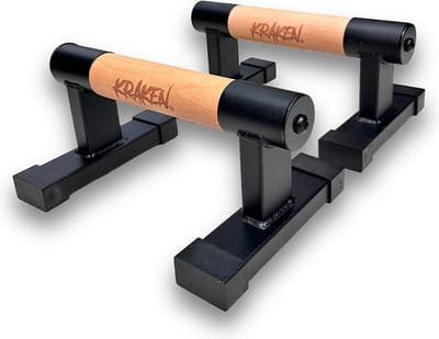 KRAKEN Parallettes 12 CM | Premium Houten Grip Push Up Bar (Opdruksteunen) Dip Bars | voor Krachttraining, Turnen, Gynmnastiek, Calisthenics | Hoge kwaliteit liggers en metaal | High Grip | Blessure preventie | Opdrukset met hoogte 12 CM
