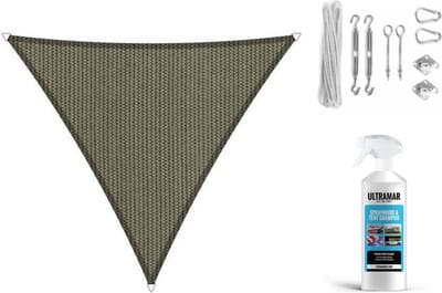 Compleet pakket: Shadow Comfort driehoek 3x3,5x4m Desert Storm met RVS Bevestigingsset en buitendoekreiniger
