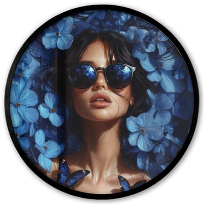 Poster in lijst Rond - Fotolijst 40x40 cm - Posters - Vrouw - Blauw - Bloemen - Vlinders - Natuur - Ronde posterlijst zwart - Decoratie - Wanddecoratie woonkamer - Muurdecoratie slaapkamer
