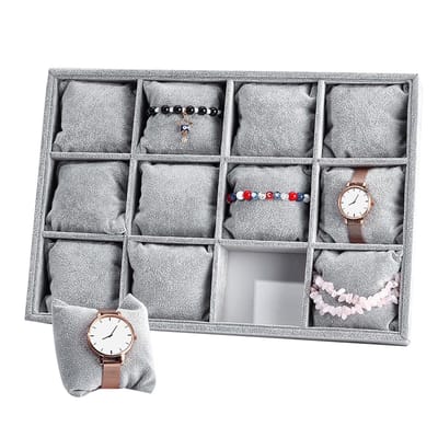 Dailygoods- Horloge Organizer 12 Compartimenten - Juwelenkistje - Houders voor Armbanden - Opbergdoos - Verstelbare Kussens - 35x24x5cm - Juwelendoos