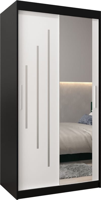 InspireMe - Kledingkast met 2 schuifdeuren, Modern-stijl, Een kledingkast met planken en een spiegel (BxHxD): 100x200x62 - MALTESE II 100 Zwart Mat + Wit Mat