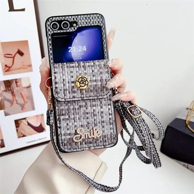 Crossbody leren portemonnee telefoonhoesje voor Samsung Galaxy Z Flip 6 5 4 3 Flip6 Flip4 Flip4 Flip3 met kaarthouder beschermhoes For Galaxy Z Flip4 gray