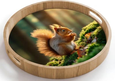 Dienblad rond 40x40 cm - Schootdienblad hout - Eekhoorn - Nootje - Gras - Borrelplank rechthoek - Plateau houten dienbladen