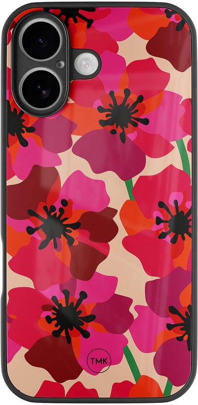 Hoesje geschikt voor Apple iPhone 16 - Pink floral bliss - Roze - TPU luxe case (glossy toplaag) - Bloemen - Hardcase backcover zwart