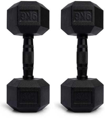 Gym Masters hexa Dumbbells 9 kg Set (2 stuks) – Hexagon Dumbbells – Rubber Fitness Gewichten – Zwart