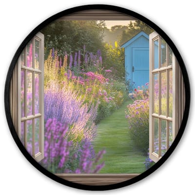 Poster in lijst Rond - Fotolijst 40x40 cm - Posters - Doorkijk - Bloemen - Raam - Natuur - Ronde posterlijst zwart - Decoratie - Wanddecoratie woonkamer - Muurdecoratie slaapkamer
