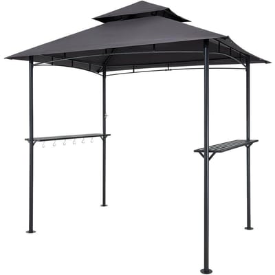 Tonnelle de barbecue, 2,43 x 1,5 m Tonnelle extérieure pour barbecue avec toit à double niveau, Abri de barbecue en acier thermolaqué avec 2 étagères latérales et 8 crochets, Barbecue