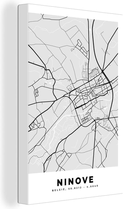 Canvas Schilderij Stadskaart – Plattegrond – België – Zwart Wit – Ninove – Kaart - 20x30 cm - Wanddecoratie