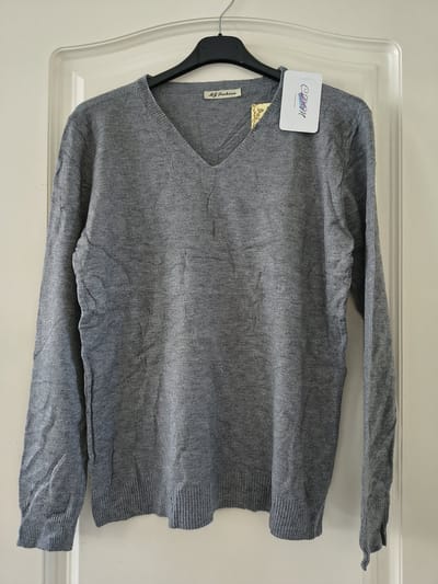 Dames warme trui Alida-V-hals-fijngebreid-effen grijs-lange mouwen-maat M/L