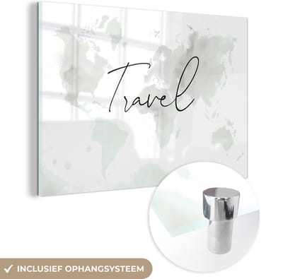 ® Glasschilderij 120x80 cm - Schilderij acrylglas - Wereldkaart - Waterverf - Zwart - Wit - Foto op glas - Muurdecoratie woonkamer - Wanddecoratie slaapkamer - Schilderijen
