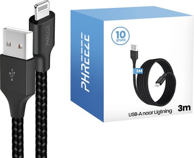 Grootverpakking geschikt voor Lightning usb oplaadkabel - 3m, 12w, stevig, zwart - Phreeze