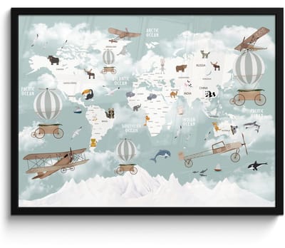 Poster in lijst - Fotolijst 80x60 cm - Posters - Wereldkaart - Kind - Vliegtuig - Posterlijst zwart - Decoratie - Wanddecoratie woonkamer - Muurdecoratie slaapkamer