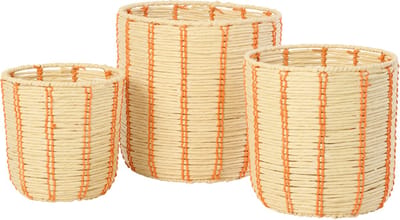 J-Line mand Rond Gestreept - ijzer/papier - naturel/oranje - set van 3