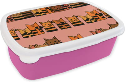 Broodtrommel Roze - Lunchbox - Brooddoos - Katten - Patronen - Dieren - Kinderen - 18x12x6 cm - Kinderen - Meisje