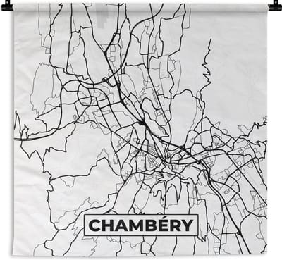 Wandkleed - Wanddoek - Plattegrond - Chambéry - Kaart - Frankrijk - Stadskaart - Zwart wit - 180x180 cm - Wandtapijt