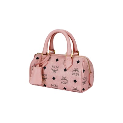 MCM Ella Monogram Gecoat Canvas en Leer Boston Tas Mini Dames handtassen Roze MWBESEA01PZ001 Basic Set (Bag+Dust Bag) beige
