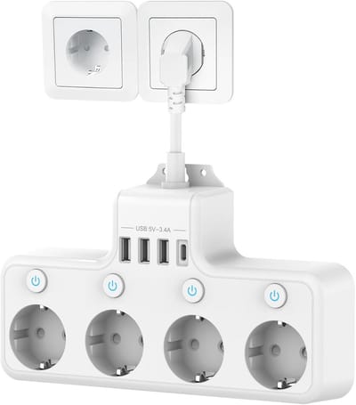 Verdeeldoos met USB C (PD 20W), 3 USB-A en 4 Onafhankelijke Stopcontacten - Kindveilig, Wit