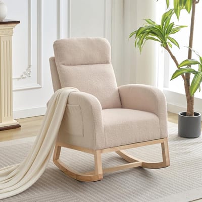 Schommelstoel - Relaxstoel babykamer - Fauteuil - Voedingsstoel - Scandinavische stijl, gewatteerde rugleuning, massief houten poten - Beige
