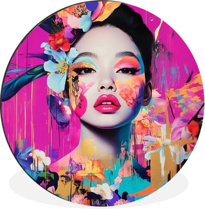 WallCircle - Wandcirkel - Muurcirkel - Vrouw - Portret - Abstract - Paars - Aluminium - Dibond - 30x30 cm - Binnen en Buiten